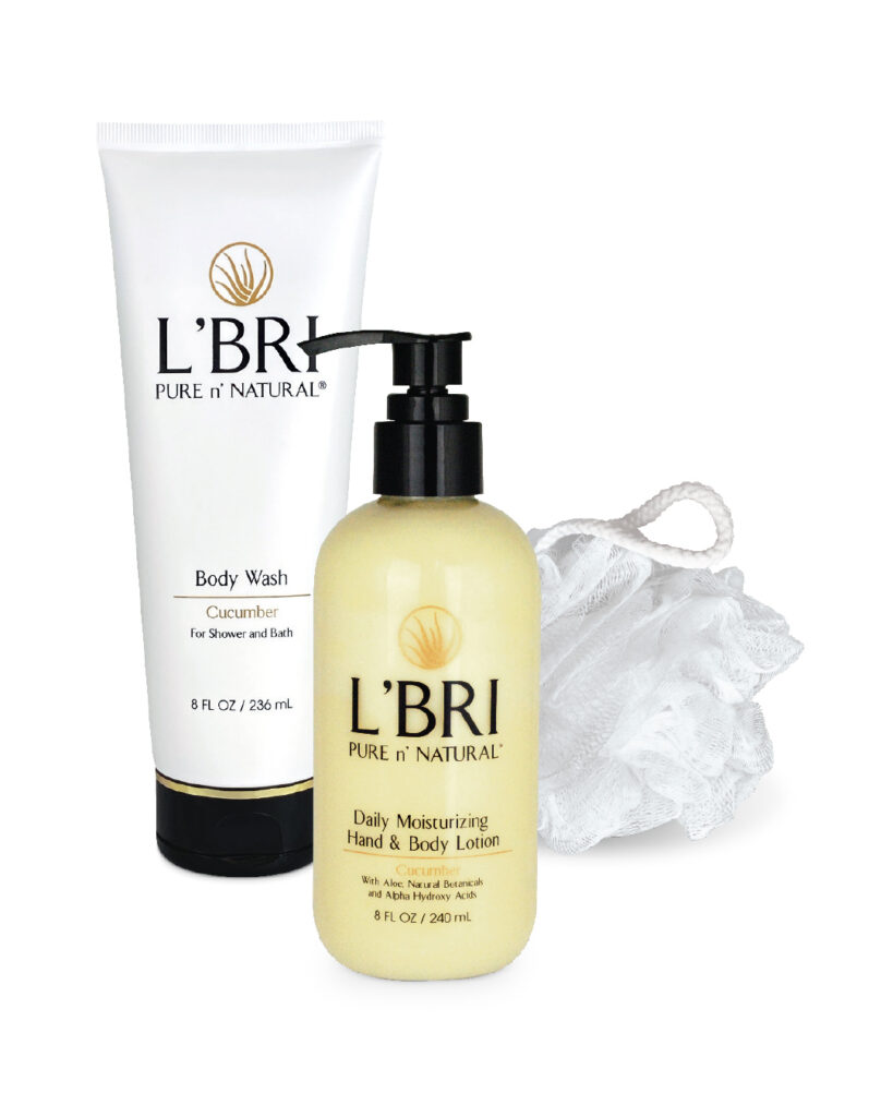 L'BRI's Body Perfect Collection includes Body Wash, Daily Moisturizing Hand & Body Lotion, and a cleansing pouf