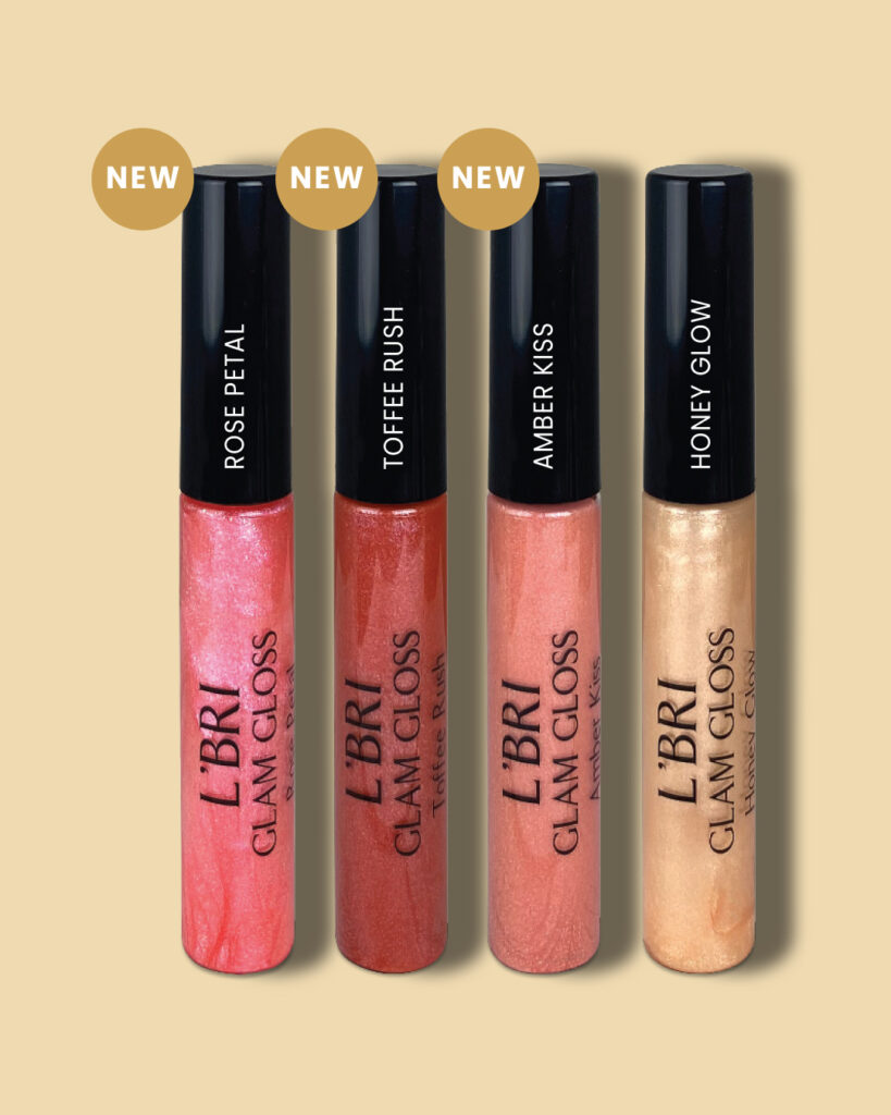 NEW! Glam Gloss Shades in Rose Petal, Toffee Rush, Amber Kiss, and original Honey Glow.